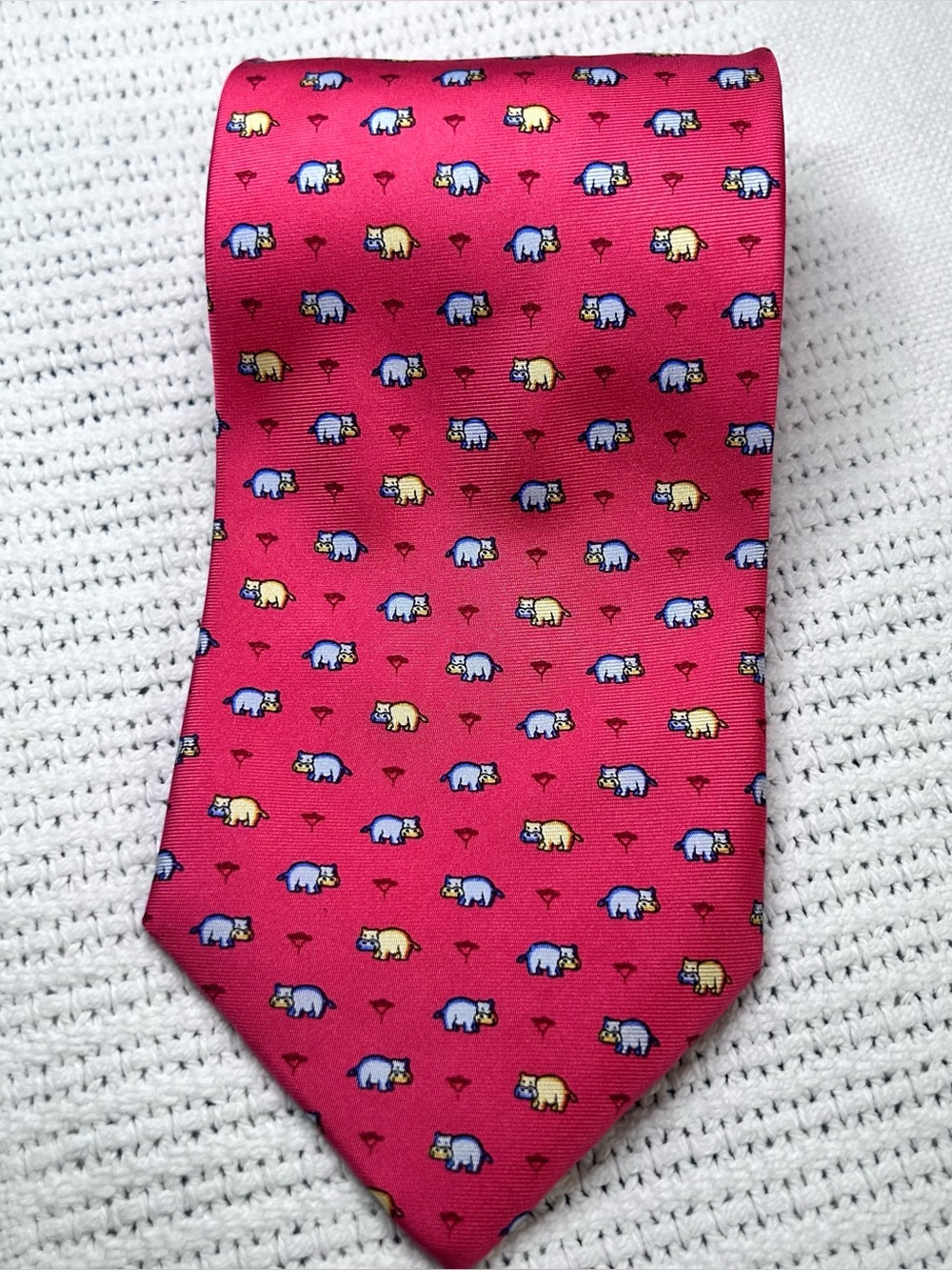 English Sports Shop Bermuda Pink Hippo & Acacia Tree Men’s Silk Tie Made in USA